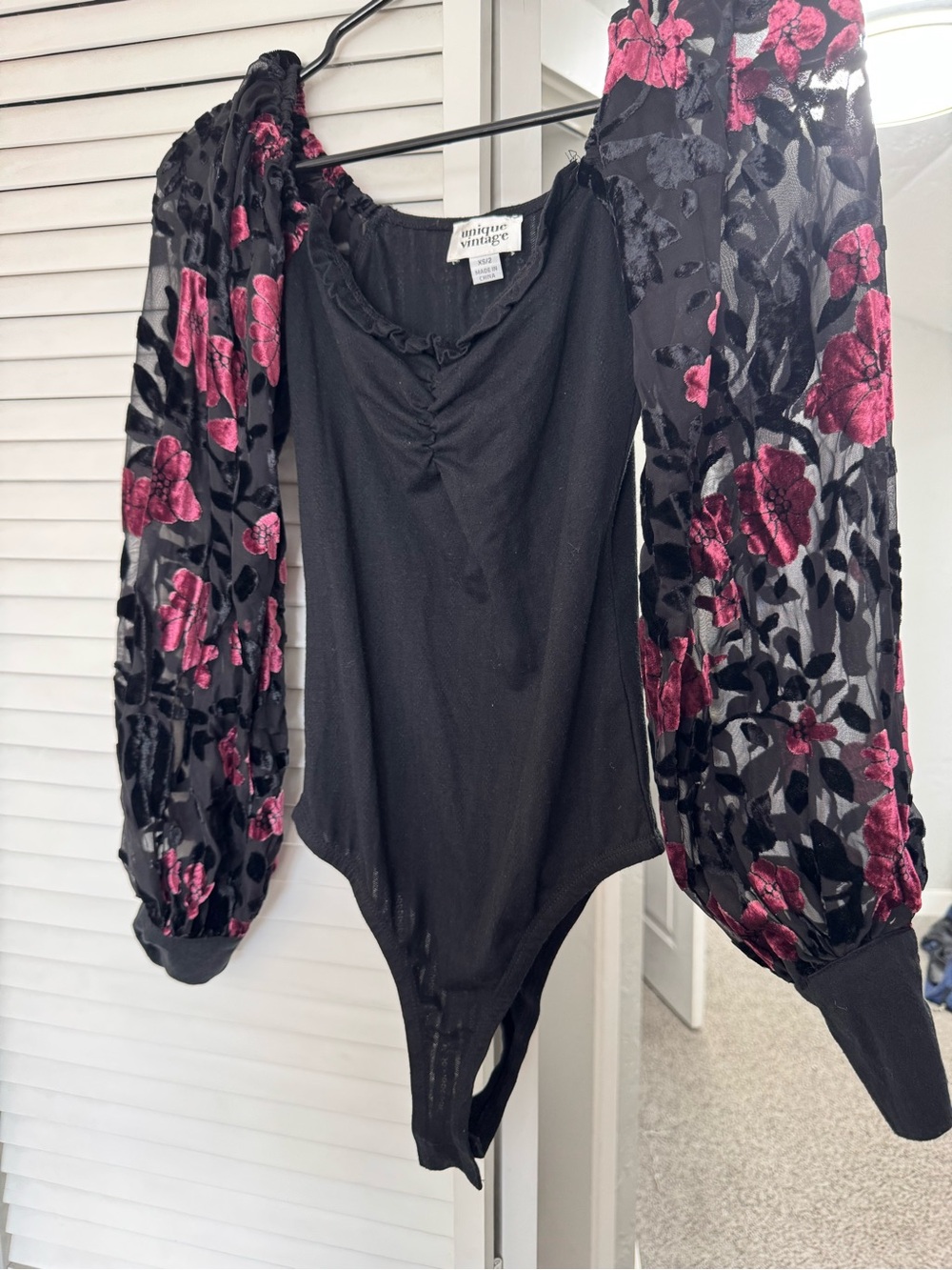 Unique Vintage Black Bodysuit with Pink Floral Velvet Puff Sleeves